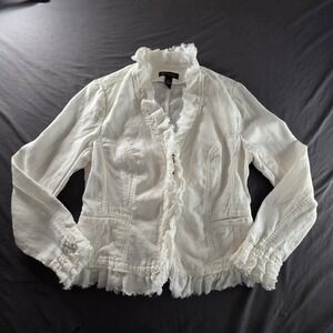 Ruffle Trim 100% Linen Zip Jacket Boho Romantic White Medium Y2K Coastal